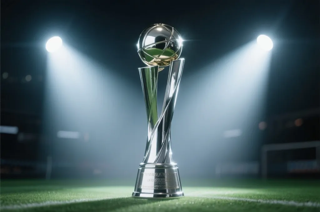 A shining silver championship trophy placed under soft cinematic spotlights