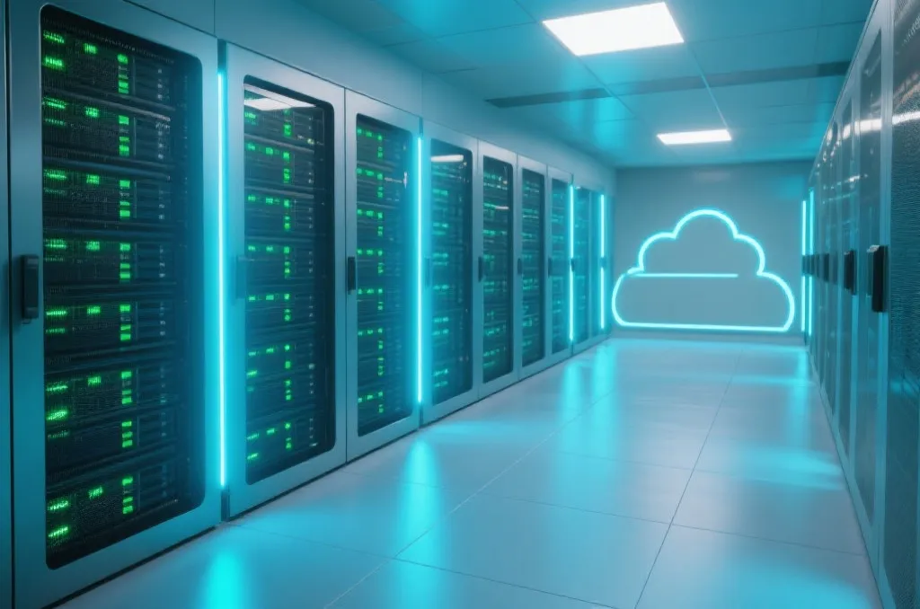 Modern clean server room with glowing blue LED lights representing high-performance sports data servers